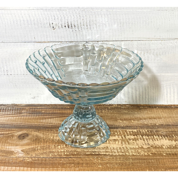 Vintage 1950's Jeannette Glass Louisa Star Lite Blue Footed Compote Bowl 9" Dia - Picture 7 of 12